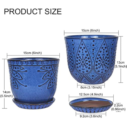 YFFSRJDJ 15CM Flower Pots-Set of 2. Beaded Ceramic Planter with Drainage Hole and Saucer for Plants, Indoor-Outdoor Large Round Succulent Plant Garden Pot-Blue
