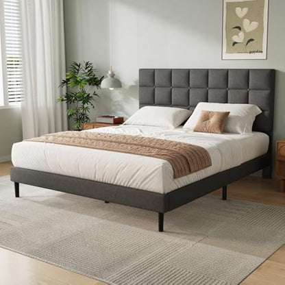 Yocreat Double Bed Frame, Easy Assembly, Sturdy Wooden Slat Support, Upholstered Platform with Headboard, No Box Spring Needed, Gray Double Bed 135×190