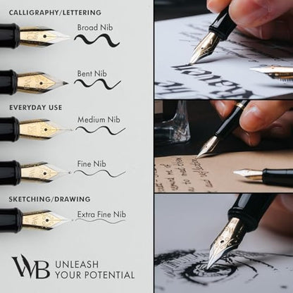 Wordsworth & Black Fountain Pen Set, 18K Gilded Fine Nib, Includes 24 Pack Ink Cartridges, Ink Refill Converter & Gift Box, Gold Finish, Calligraphy, [Silver Chrome], Perfect for Men & Women