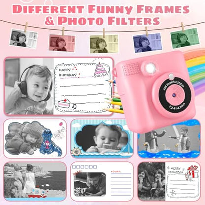 Kids Instant Print Camera, 1080P HD Digital Camera with 32G TF Card & Color Pen, Portable Toy Birthday Gift for 3-10 Year Old Girls
