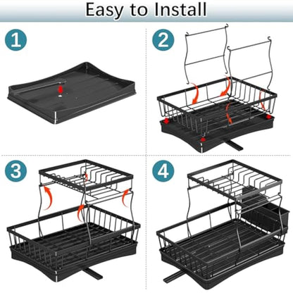 StowBin 2 Tier Dish Drainer Rack for Kitchen Counter - Space-Saving Dish Rack with Utensil Holder, Large Capacity Dish Drying Rack with Draining Board, Black
