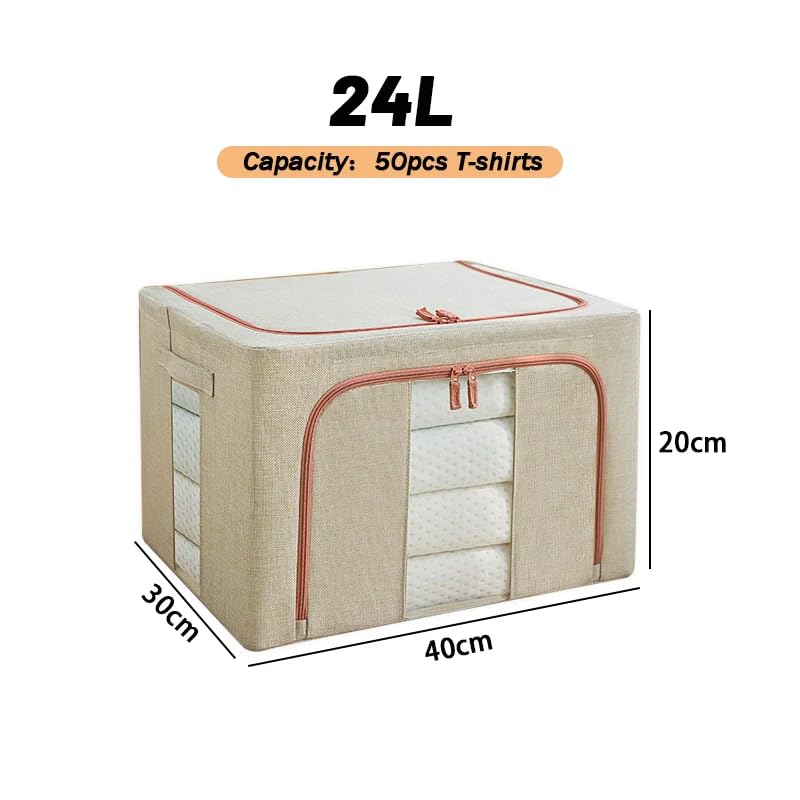3Pcs Clothes Storage Bin,24L Beige Cloth Storage Box with Metal Frame,Foldable Fabric Bin Organizer for Clothes,Stackable Openings Cloth Storage Bin