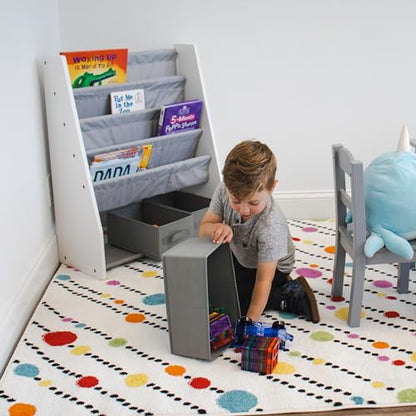 Humble Crew Inspire Wooden Bookshelf for Children, 4 Tier Book Storage Shelf with Deep Fabric Pockets, 3 Collapsable Bin Organisers, Forward Facing