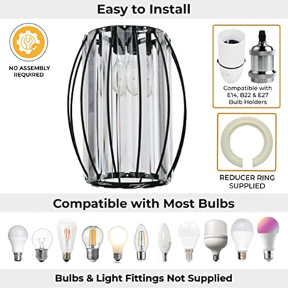 GIGGI Small Black Crystal Light Shade 16cm x 20cm, Cylinder Shape with Oval Rings, Lampshades for Ceiling Lights & Bedside Lamps, Lamp Shades for Bedroom, Living Room, Kitchen, Hallway