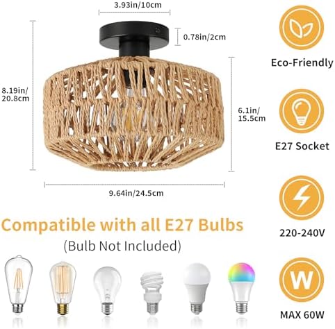 FORCOSO Rattan Ceiling Light, Boho Lamp with Natural Rattan Lampshade, E27 Vintage Chandelier Wicker Light Shade Fitting, Rustic Bamboo Lamp Fixtures for Living Room Bedroom Dining Kitchen Hallway