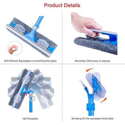 Mitclear 12 Foot (3.7m) Window Squeegee Cleaner Kit, Extension Poles + Silicone Squeegee (12in) + Window Washer, 2 in 1 Windows Glass Cleaning Tool for Indoor/Outdoor High Windows, Blue (IKU-110370)