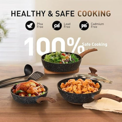 DishDelight 12 Piece Non-Stick Pots and Pans Set, Nonstick Induction Granite-Coated Cookware Set, Nonstick Saucepan Set, Black