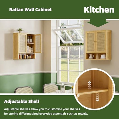 vovala Bathroom Wall Cabinet, Bamboo Over-The-Toilet Storage Organizer with 2 Rattan Doors and Adjustable Shelf, Space Saver Medicine Cabinet for Laundry, Kitchen, Living Room (Natural)