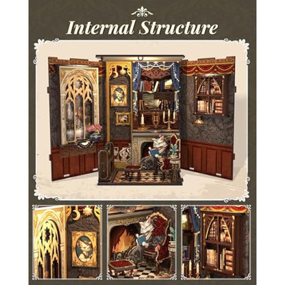 CUTEBEE Book Nook Kit-DIY Miniature House Kit for Adults,Dollhouse Bookshelf Decor 3D Wooden Puzzle Bookend Craft Model Kits for Adults to Build Gift(Count Cat's Study)