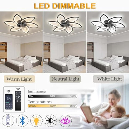 YUNZI Mute Ceiling Fan with Light with Remote Control, LED Dimmable Fan Ceiling Lamp, Modern Ceiling Fan Lighting for Living Room Bedroom Office, Adjustable 6 Speeds, White 78CM