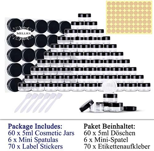 MELLIEX 60 Pieces Empty Sample Pots, 5g / 5ml Clear Plastic Travel Cosmetic Container Jars for Creams, Sample, Make-Up Storage