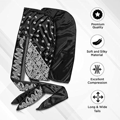 Roman-T 8-in-1 360 Wave Brush Kit - Grooming Kit for 360 Waves - 3 Wave Brushes, Soft, Medium & Hard - 2 Silky Satin Durag - Black & Black Paisley, Hand Mirror, Comb, Hair Brush Cleaner - Gift Set