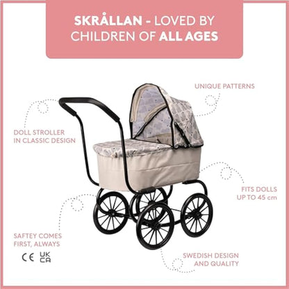 Skrållan Classic Dolls Pram – Sturdy Toddler Toy Stroller, Go for a Safe Walk, Nostalgic Baby Doll Pram, Toy Prams, Baby Doll Accessories, Lovely Swedish Design, Dolls Accessories for 3 Year Old