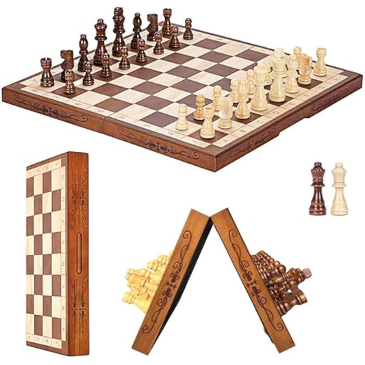 Syrace Magnetic Chess Set Board Games, Kids and Adults Wooden Foldable Hand Carved Portable Travel Chess Board Game Sets with Game Pieces & Storage Slots 15.74" (luxurious Magnetic Chess)