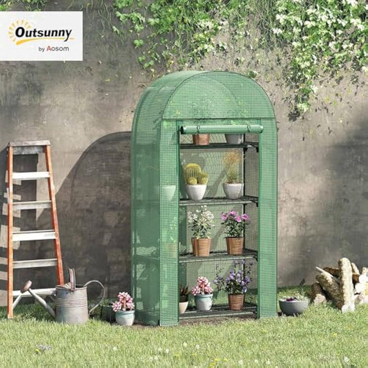 Outsunny 4 Tier Mini Greenhouse for Outdoor, Portable Gardening Plant Green House with Storage Shelf, Roll-Up Zipped Door, Metal Frame and PE Cover, 80 x 49 x 160cm, Green