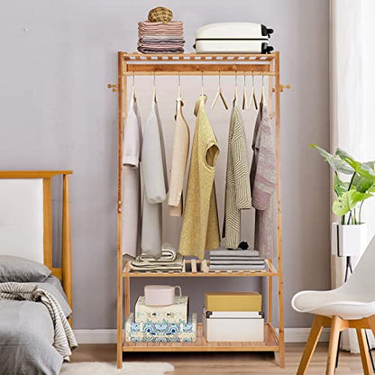 unho Bamboo Clothes Rail Rack: Free Standing Garment Rack with 3 Storage Shelves 10 Hooks Portable Open Wardrobe Clothing Storage Organizer for