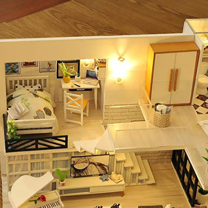 GuDoQi Miniature Dolls House Kit with Music, DIY Miniature House Model Kits to Build, Handmade Crafts for Adults to Make, Room Decoration, Make Your Own Birthday, Father's Day Simple Life