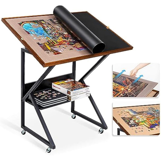 Lavievert Jigsaw Puzzle Tables with Cover and 5 Adjustable Angles, Double-sided Puzzle Board Easel with Auxiliary Line, Wooden Tilting Board with Storage Shelf & 4 Rolling Wheels for Up to 1500 Pieces