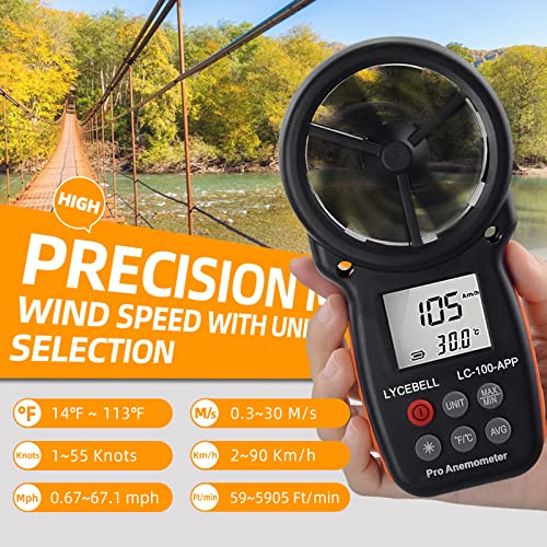 Anemometer Handheld, LC-100-APP Digital Wind Speed Meter APP Connect with Wireless Bluetooth for Measuring Wind Chill, Wind Speed, Temperature, Air