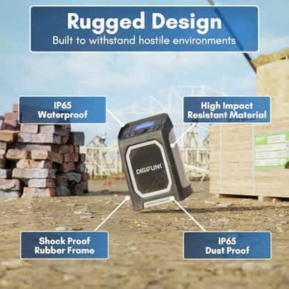 DigiFunk Work Site Radio | USB Rechargeable | DAB+, DAB, FM, Bluetooth, AUX Input | IP65 Waterproof Rugged Durable Design | Perfect for Builders, Outdoors, Warehouse, Garage, DIYer, Shed