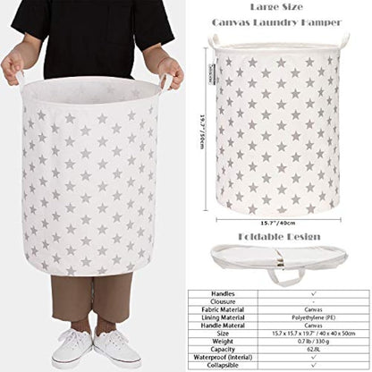 Sea Team 19.7 Inch Large Sized Waterproof Coating Ramie Cotton Fabric Folding Laundry Hamper Bucket Cylindric Burlap Canvas Storage Basket with Stylish Grey Stars Design