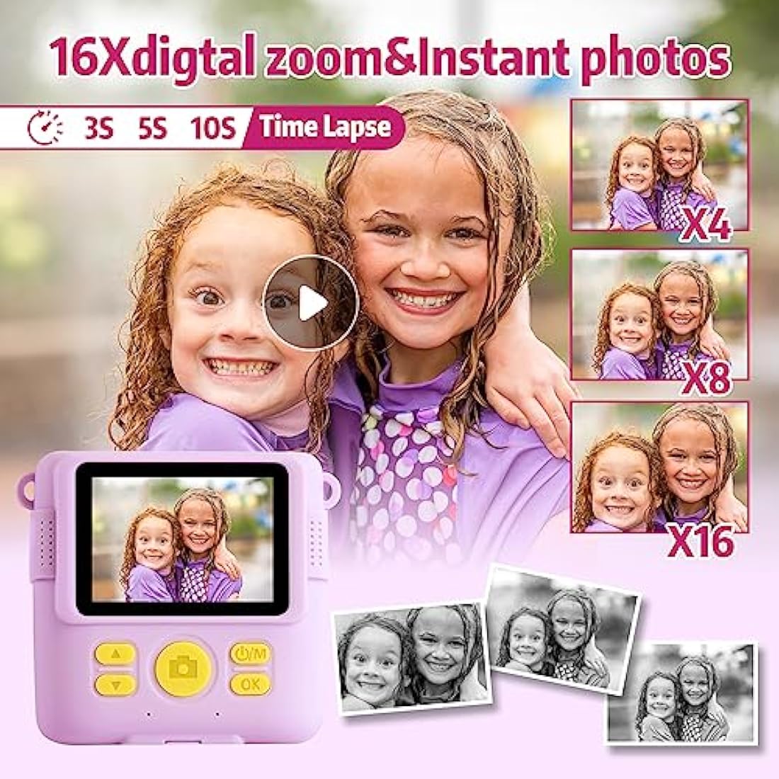 Kids Camera for Girls Boys, Instant Camera for Kids with Print Photo Paper,1080P HD Kids Digital Camera with 32GB SD Card Portable Toy Birthday Gifts for 3 4 5 6 7 8 9 10 Year Old Girl boy