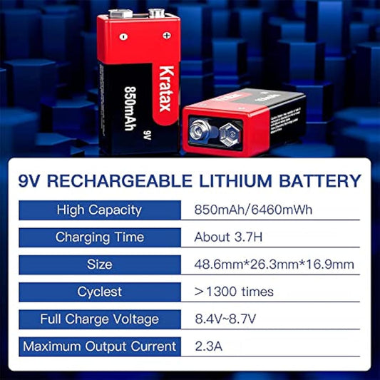 9V Rechargeable Li-ion Battery,Kratax 850mAh 9V Battery Rechargeable,2 Pack 9V Batteries with Protection Board for Smoke Detector Alarm,Fire Alarm,Multimeter,Radio Microphone,Kids Toys Battery