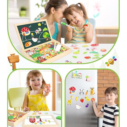 Jojoin 130 PCS Wooden Magnetic Puzzle - New Magnetic Puzzle Board - Cute Animal Fruit Pattern Games Double Sided Jigsaw - Montessori Educational Toys Gift for 3 4 5 Year Old Boys Girls