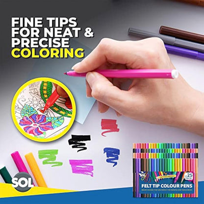 SOL 100 Felt Tips Colouring Pens for Adults & Kids Felt Tip Pens for Children Drawing Coloured Pens Felt Pens, Colouring Pens for Kids Coloured Markers Pack Felt Tip Pens for Adults Colouring Book
