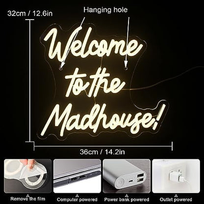 Horseneon Neons Signs Welcome to The Madhouse, Led Signs Neon Lights for Bedroom, Letter Neon Light Sign for Wall Decor Led Neon Lights for Pub Home Bar Room Club Party Window Decor present