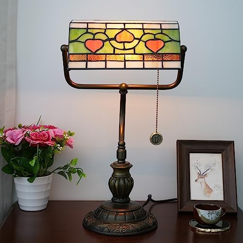 Blivuself Tiffany Style Heart Bankers Table Lamp Stained Glass Vintage Bedroom Bedside Study Pull Chain Reading Desk Lamps Office Nightstand Aesthetic Antique Green Banker'S Lamp Work Light Desklamp