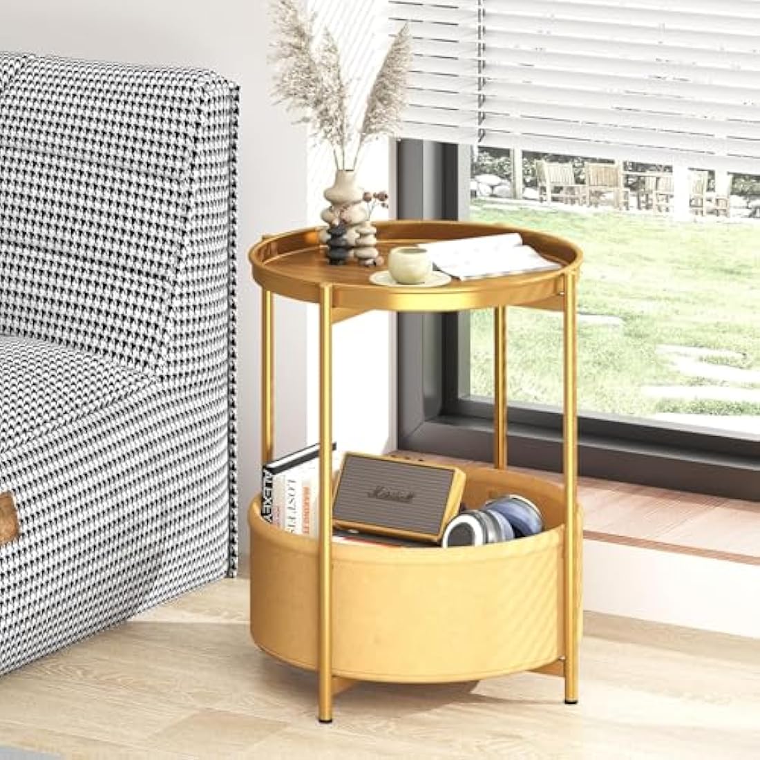 Huhote Side Table, Round End Table with Fabric Basket, Small Bedside Table, Nightstand Sofa Table for Living Room, Bedroom, Bathroom, Balcony, Modern Style (Gold)