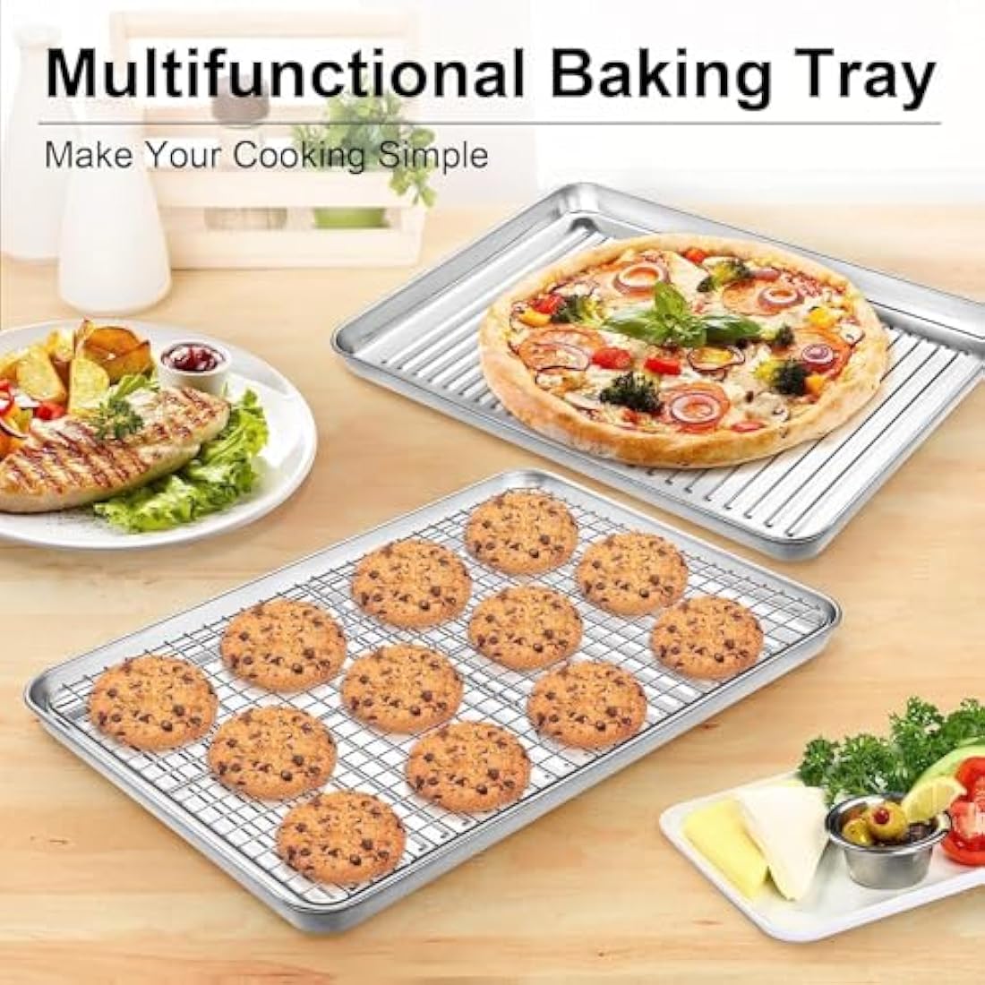 Baking Tray & Rack Set [2 Sheets + 2 Racks], Stainless Steel Non Stick Oven Tray with Rack, Large Cookie Sheet Pan for Baking Cooking, Heavy Duty, Easy Clean, Dishwasher Safe (16 x 12 x 1 inch)