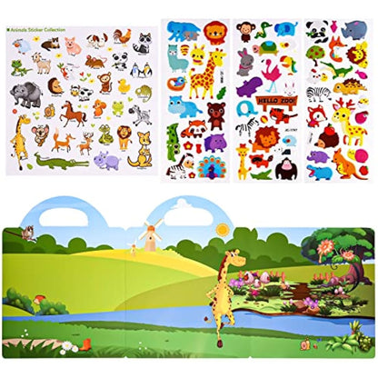 ASTARON 3D Sticker Scenes Book for Kids,88 Pcs Reusable Animals Jelly Stickers for Toddlers, Puffy Sticker Game Educational Sensory Learning Toy, Party Supplies Birthday Gift,4 Fold-Out Choices