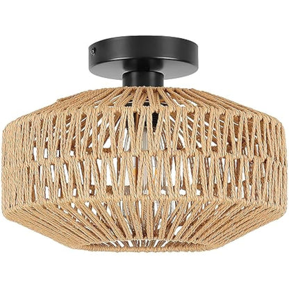 Schindora Boho Rattan Ceiling Lights,Vintage Chandeliers Ceiling Light E27 Rustic Braided Basket Lamp Shades Ceiling for Bedroom Living Room Kitchen Dining Hallway,Without Bulb