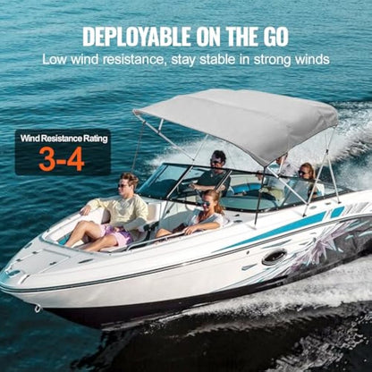 VEVOR 4 Bow Bimini Top Boat Cover, 900D Polyester Canopy with 1" Aluminum Alloy Frame, Waterproof and Sun Shade, Includes Storage Boot, 2 Support Poles, 4 Straps, 8'L x 54"H x 91"-96"W, Light Grey