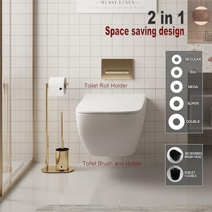 BVL Gold Toilet Roll Holder with Stainless Steel Free Standing Brush and Paper Holder