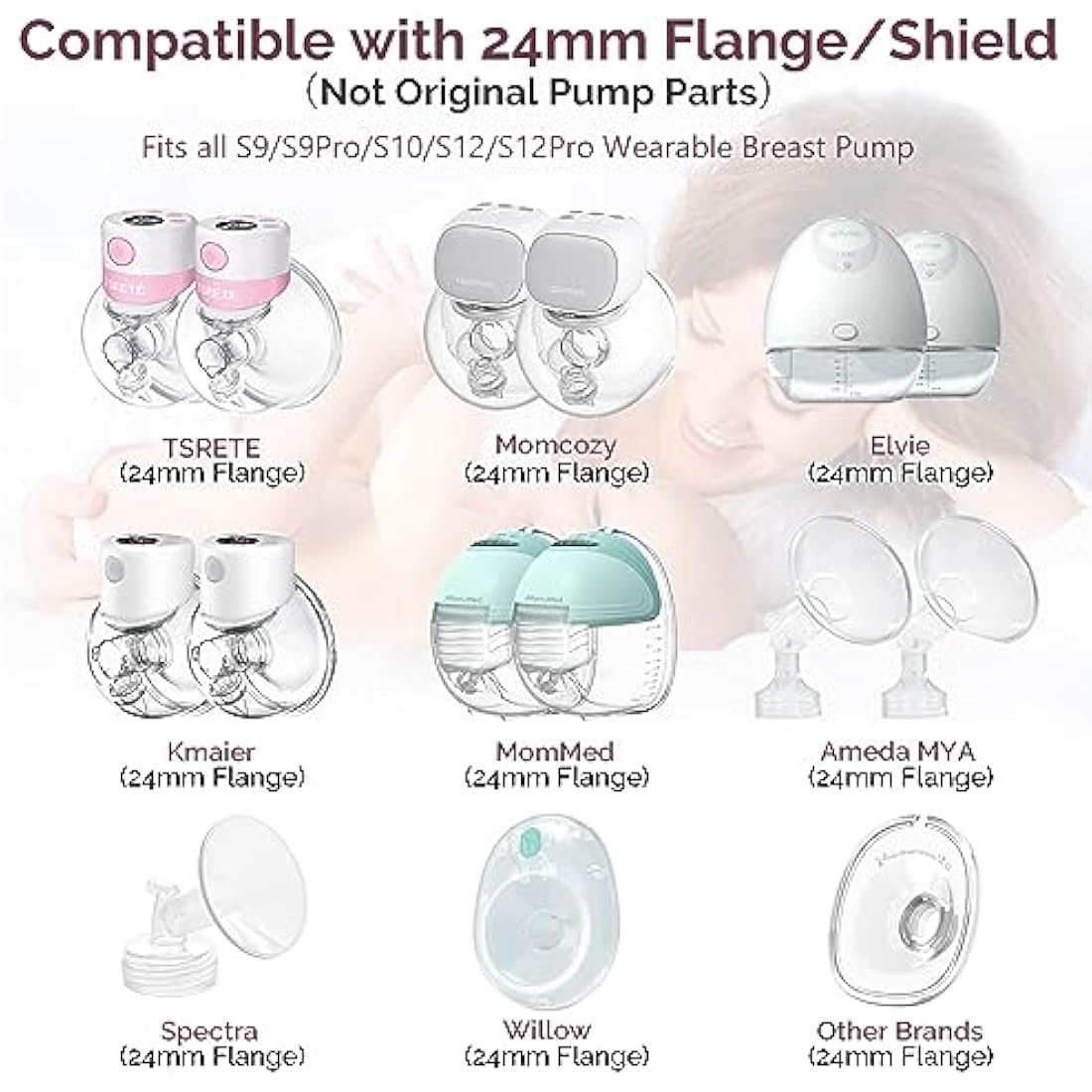semai Flange Inserts 13/15/17/19/21mm Compatible with Medela/Momcozy S12 Pro/S9 Pro/S12/S9/Spectra/Elvie 24mm Breast Pump Flanges, Reduce 24mm Nipple Tunnel Down to Correct Size, 5PCS (NOT 5 Pairs)
