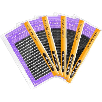 NAGARAKU 5 Trays Eyelash Extensions Supplies Classic 1:1 Lashes Individual Volume Lash Extensions Soft Single Natural Eyelashes Matte Black 16 Rows (0.07mm C Curl 9/10/11/12/13mm in 1 Pack)