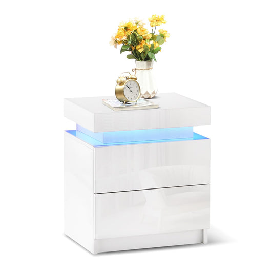 TUKAILAi Bedside Table with LED Light, 2 Drawers and High Gloss Nightstand Bedside Cabinet Table for Bedroom Living Room