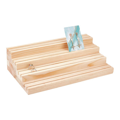 NBEADS 4-Tier Wood Jewelry Display Stand, Wooden Earring Organizer Holder with Grooves Jewelry Showcase Rack for Rings Earring Display Cards Photo