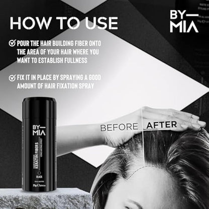 BY MIA Hair Building Keratin Fibers, Black 21g | Hair Fibres for Thinning Hair | Hair Thickener Powder Fiber | Hair loss Concealer for Women & Men