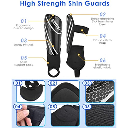 Youth Football Shin Guards, BROTOU High Strength Junior Shin Pads with Calf & Ankle Protection, Lightweight Design, Breathable, Non Slip Extended Adjustable Straps, for Boys and Girls