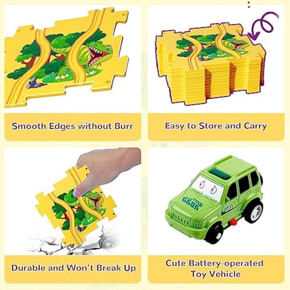 Puzzle Track with Vehicle Playset for Kid Age 3-6, Dinosaur Puzzle with Rail Car Educational Toy Racer Car with Slot Track and Dino Puzzle Gift for Boy Gril 3 4 5 6