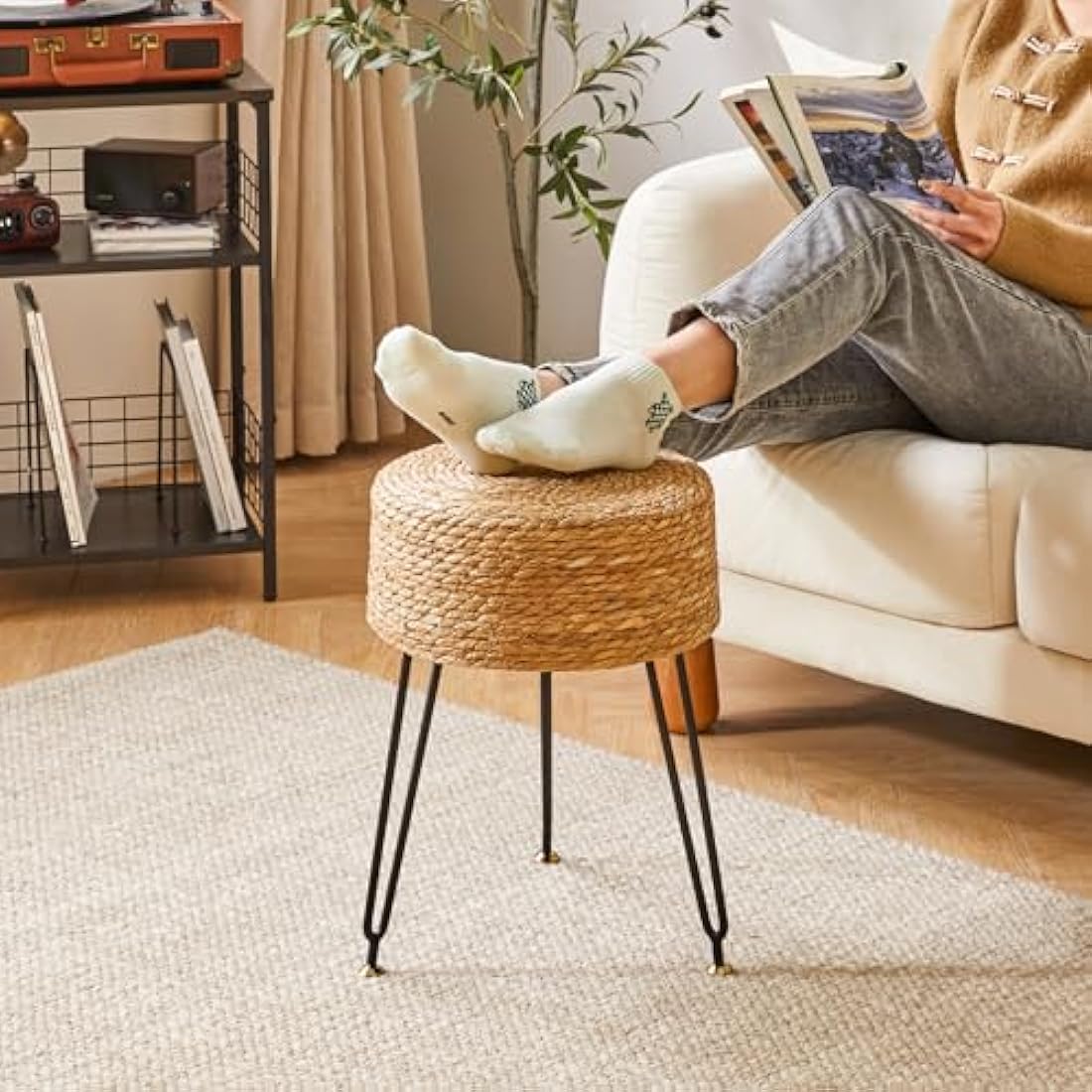 YMYNY Footstool Natural Seagrass Hand Weave, Vanity Makeup Stool, Pastoral Style Footrest, Padded Foot Rest with Metal Legs, Foot Rest Sofa Stool, for Living Room, 32×32×45CM Natural Color HBD029N