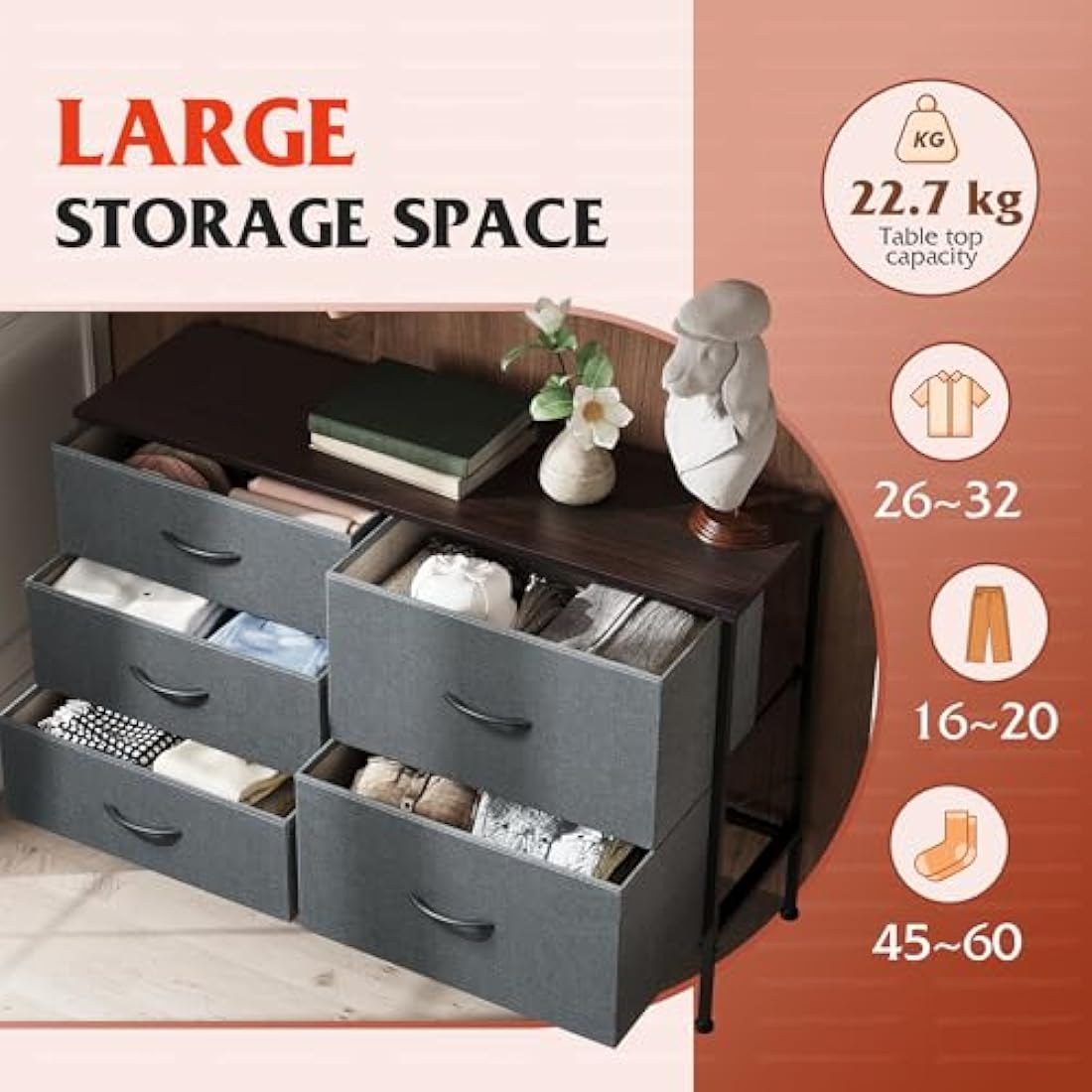 WLIVE Chest of Drawers, 5 Fabric Drawers Cabinet with Easy Pull Handle, Wood Top and Sturdy Steel Frame, Fabric Drawers Storage Unit for Bedroom, Living Room, Black Walnut