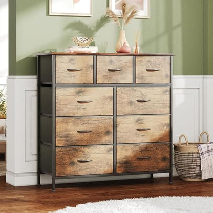 CAIYUN Chest of Drawers,Dresser for Bedroom with 9 Drawers,Fabric Dresser with Wood Top and Large Storage Space, Easy to Assemble, for Bedroom, Living room, Rustic Brown