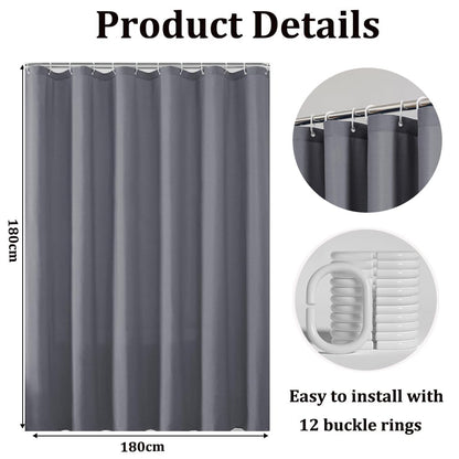 Shower Curtain, Mould Proof Resistant and Waterproof Washable Polyester Fabric with 12 Hooks, Quick Dry, Shower Curtain for Bathroom, Wet Rooms