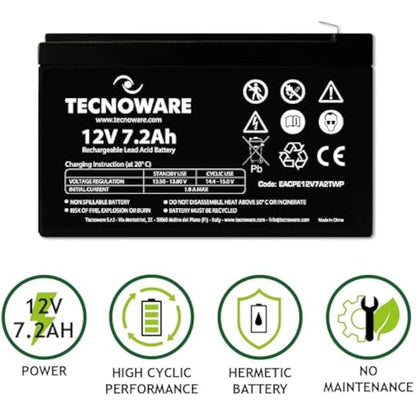 Tecnoware Power Systems - 12V Charge 7.2 Ah Lead-Acid Sealed Battery, for UPS, Video Surveillance and Alarm Systems, 2.5 Inch Faston Connection, Long Lasting, No Maintenance, Bianco, Size 7.2 Ah