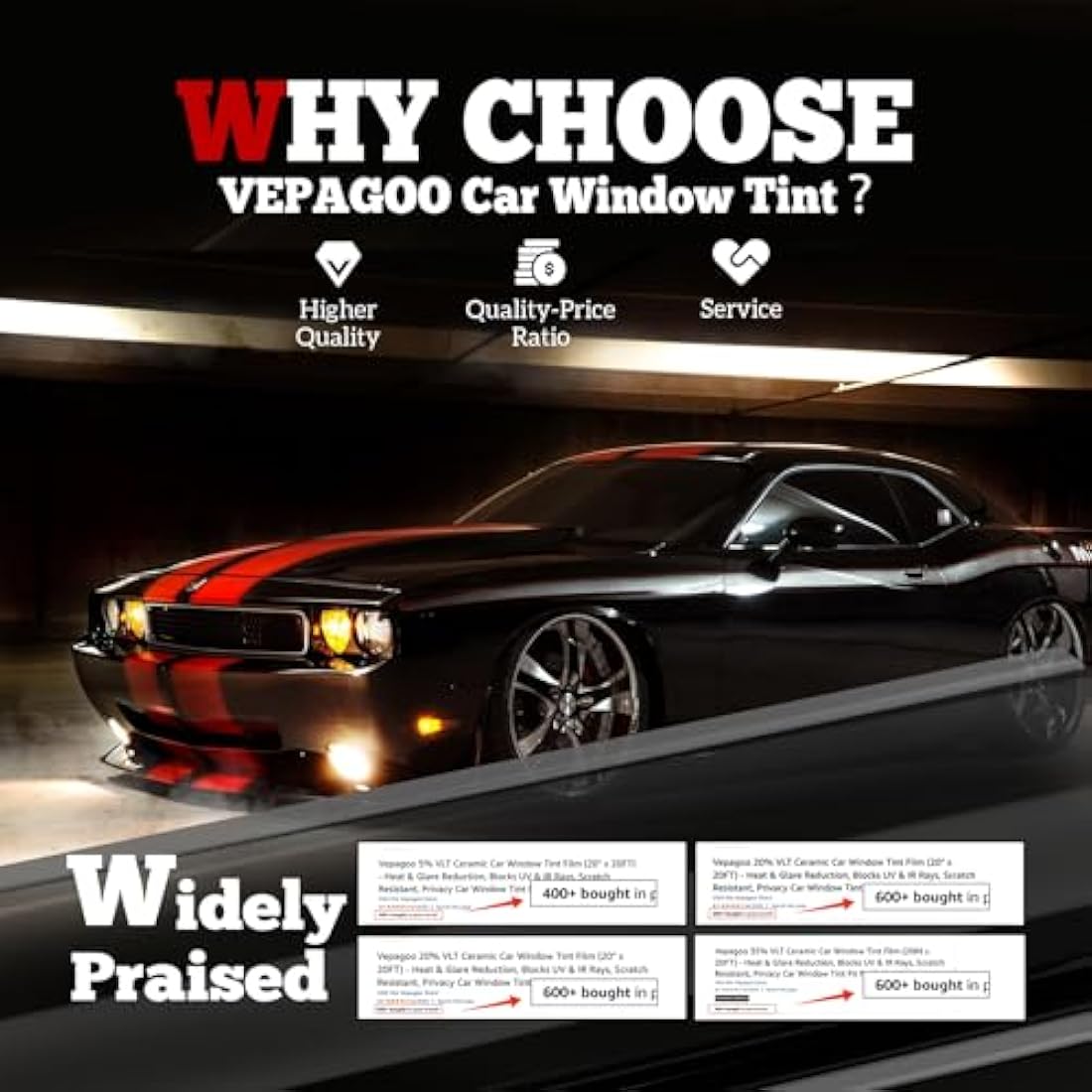 Vepagoo Universal Car Window Tint Film 35% VLT- 6.1m x 50cm Ceramic Privacy Window Tint, Blocks UV/IR Rays, Heat & Glare - Scratch Resistance Car Window Film Roll